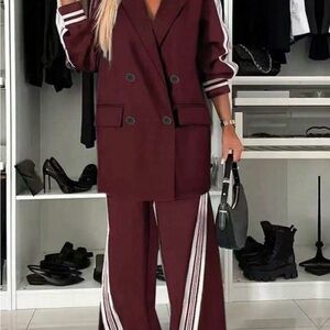Women's Burgundy Wide-Leg Two-Piece Blazer & Track Pants Set